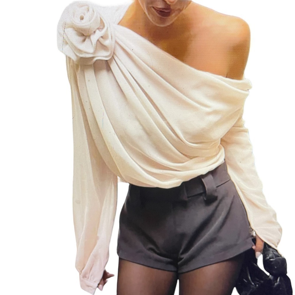 Top Blouse One Shoulder Asymmetrical Chiffon Drapey Flowy Plum & Apricot XL 12